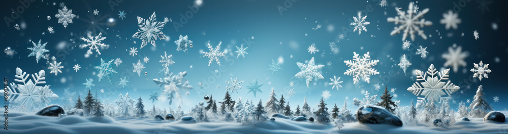 Frosty Elegance: Celebratory Christmas Banner Featuring Sparkling Snowflakes. Generative AI