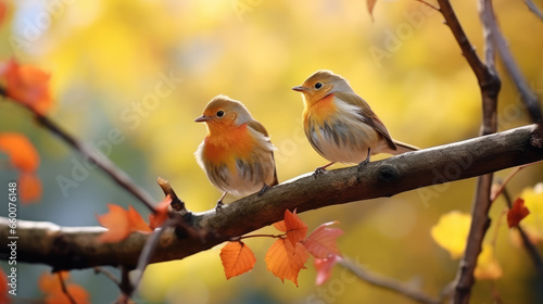 Two european robins sitting on a tree branch in autumn