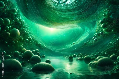 Create an image of an ethereal dreamscape where luminous spheres dance upon the surface of an emerald sea