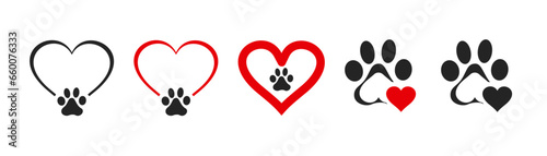 Heart paw icon vector set. Dog paw illustration sign collection. love dog symbol.