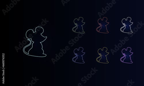 A set of neon mouse symbols. Set of different color symbols, faint neon glow. Vector illustration on black background