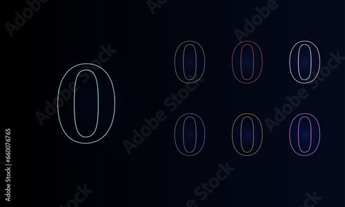 A set of neon number zero symbols. Set of different color symbols, faint neon glow. Vector illustration on black background