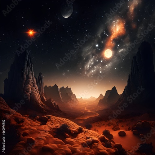 Martian valley dark sky stars Milky way with sun at the sky 
