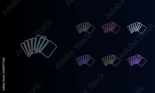 A set of neon playing cards symbols. Set of different color symbols, faint neon glow. Vector illustration on black background