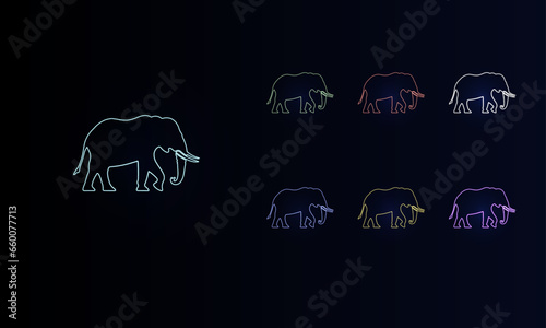 A set of neon elephant symbols. Set of different color symbols, faint neon glow. Vector illustration on black background