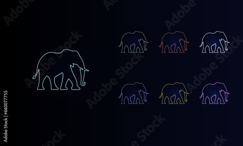 A set of neon elephants. Set of different color symbols, faint neon glow. Vector illustration on black background