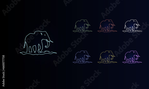 A set of neon wild elephant symbols. Set of different color symbols, faint neon glow. Vector illustration on black background