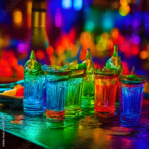 Amidst the vibrant energy of a Latin American cantina, a shot glass filled with tequila stands ready for a celebratory toast. Neon lights cast a lively glow, creating a festive atmosphere that complem