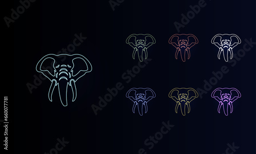 A set of neon elephant heads. Set of different color symbols, faint neon glow. Vector illustration on black background