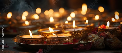A close up of candles lit on a tray made of gold © Lasvu
