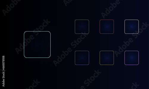 A set of neon rounded square symbols. Set of different color symbols, faint neon glow. Vector illustration on black background