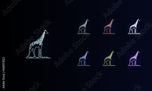 A set of neon wild giraffe symbols. Set of different color symbols, faint neon glow. Vector illustration on black background