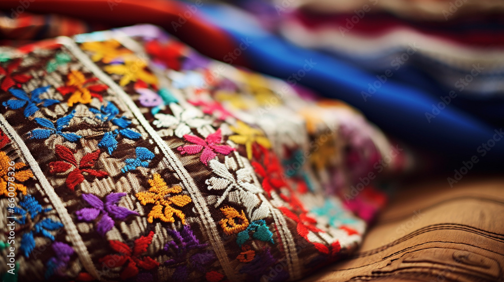 Intricately embroidered textiles showcasing ethnic folk patterns and designs, Ethnic Folk, blurred background