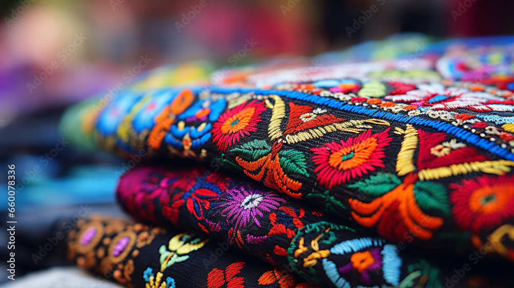 Intricately embroidered textiles showcasing ethnic folk patterns and designs, Ethnic Folk, blurred background Intricately embroidered textiles showcasing ethnic folk patterns and designs, Ethnic Folk, blurred background