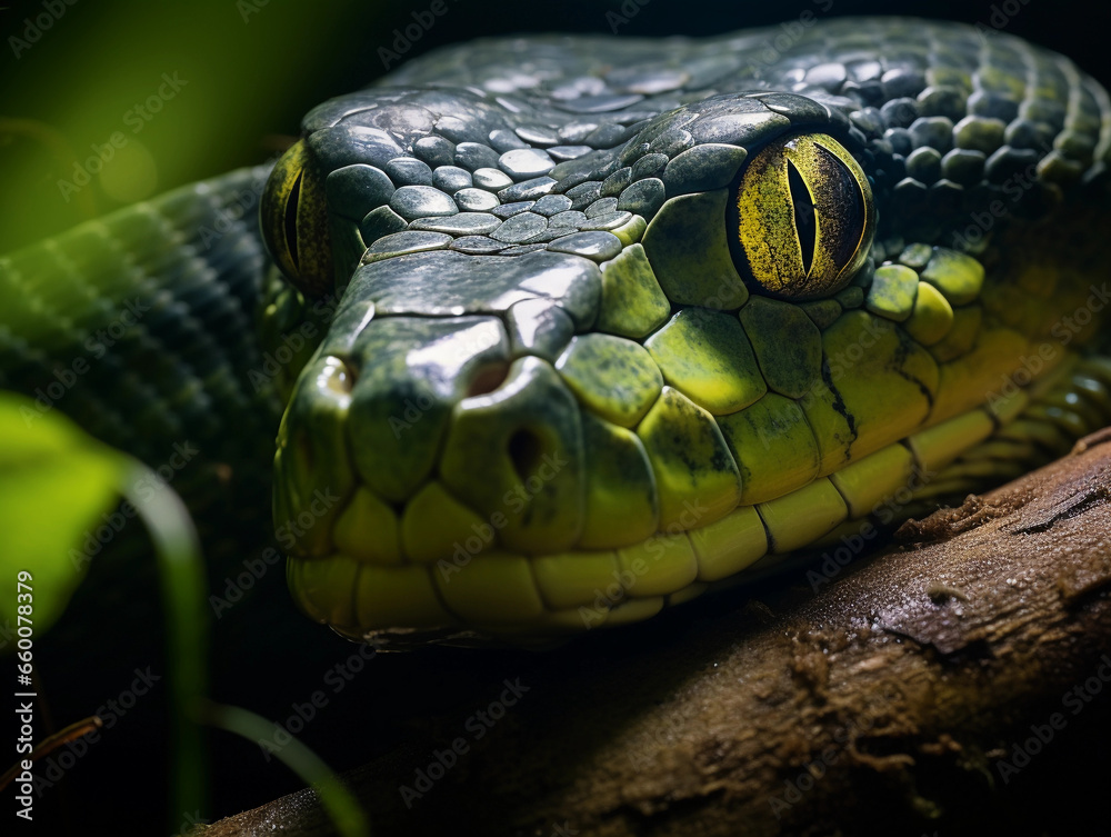Fototapeta premium green anaconda, coiled, eyes focused, in a swampy Amazonian environment