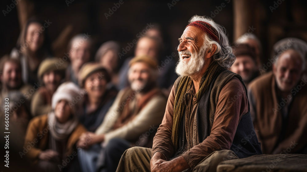 An elderly storyteller captivating an audience with tales of ethnic folklore, Ethnic Folk, blurred background