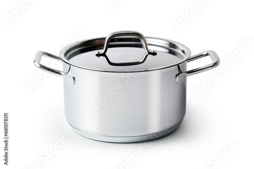 isolated metallic saucepan with a stainless steel body and handle, a shiny and essential kitchen utensil for cooking, against a clean white background.
