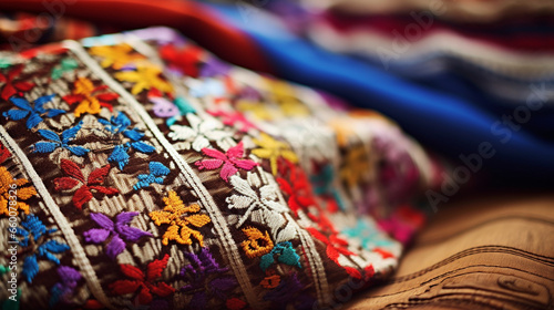 Intricately embroidered textiles showcasing ethnic folk patterns and designs, Ethnic Folk, blurred background © Катерина Євтехова