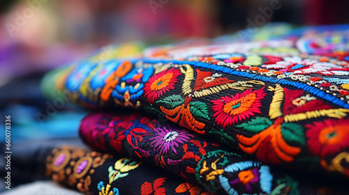 Intricately embroidered textiles showcasing ethnic folk patterns and designs, Ethnic Folk, blurred background © Катерина Євтехова