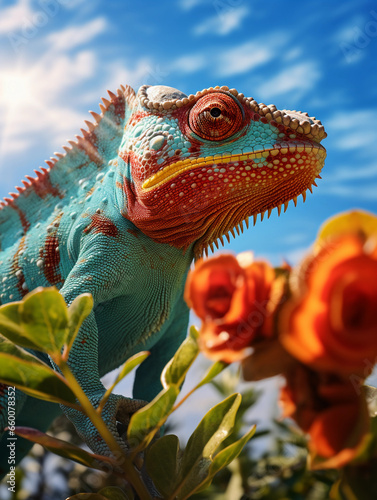 Chameleon on a vibrant tropical plant, colors shifting, highly detailed scales, natural sunlight