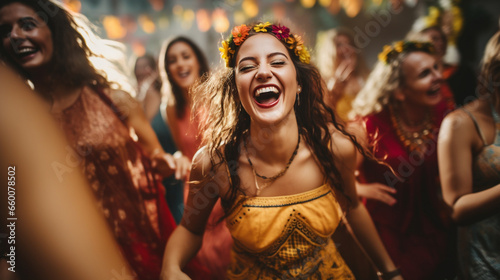 A group of friends celebrating with traditional ethnic folk dance and music at a joyful wedding  Ethnic Folk  blurred background