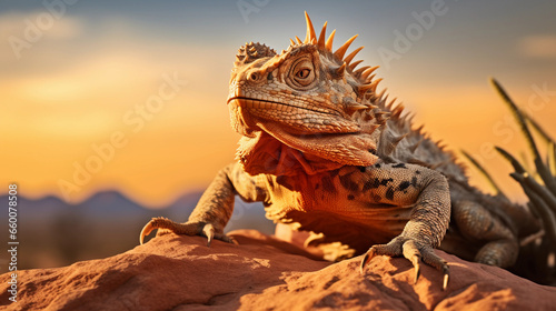 Desert landscape at sunset, featuring a horned lizard in striking pose on a rock, rich textures, golden hour © Marco Attano