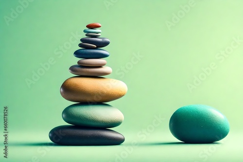 Color full sea pebble stone stack on light green,