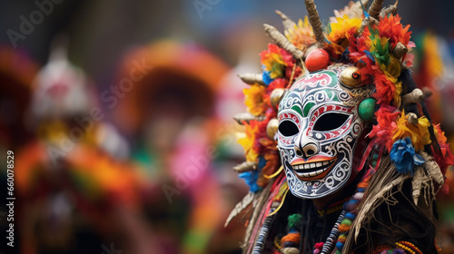 Exquisite masks and costumes worn during ethnic folk celebrations and rituals, Ethnic Folk, blurred background