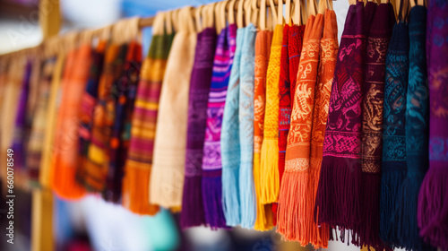 Colorful ethnic folk textiles hanging in a local textile shop, showcasing unique patterns, Ethnic Folk, blurred background