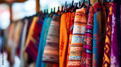 Colorful ethnic folk textiles hanging in a local textile shop, showcasing unique patterns, Ethnic Folk, blurred background