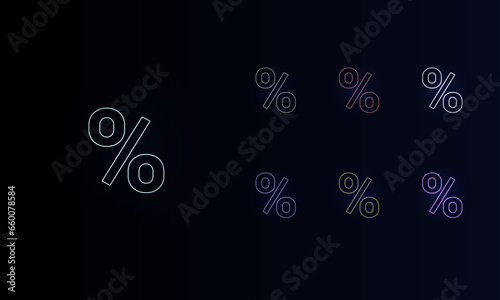 A set of neon percent symbols. Set of different color symbols, faint neon glow. Vector illustration on black background