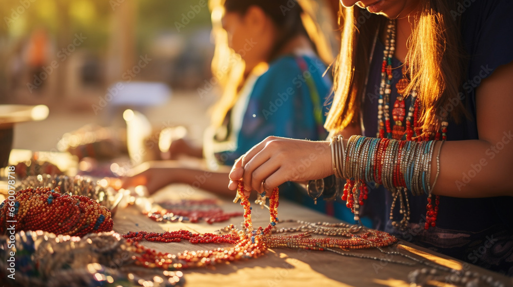 A group of women creating intricate ethnic folk jewelry using beads and traditional techniques, Ethnic Folk, blurred background