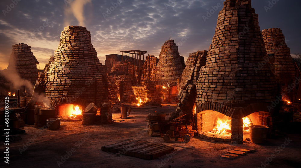 an industrial brick kiln, lit by the glow of burning firewood, with stacks of bricks ready for firing - obrazy, fototapety, plakaty 