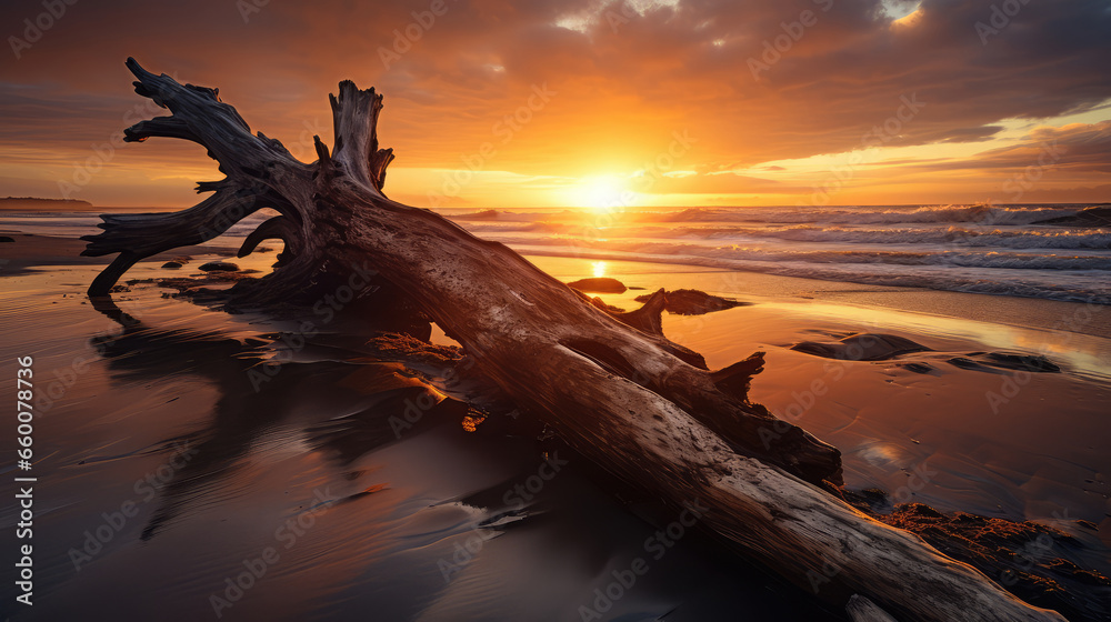 Dead tree on the beach at sunset. Beautiful seascape.