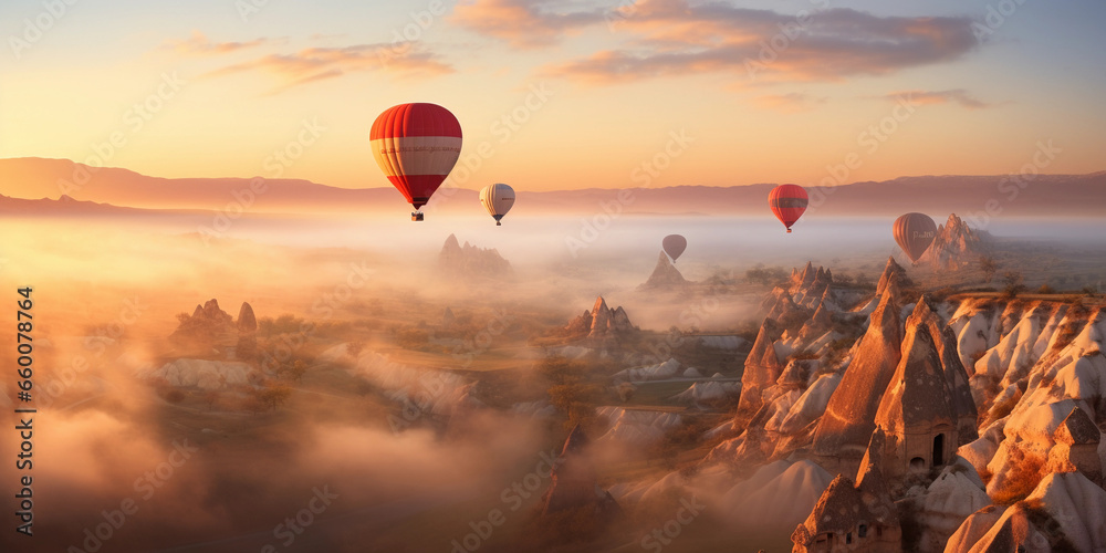 Hot air balloons over a misty Cappadocia landscape at sunrise, couple in one of the baskets, fairy chimneys below - obrazy, fototapety, plakaty 