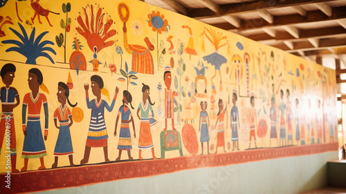 Vibrant ethnic folk paintings on the walls of a community center, telling stories of cultural heritage, Ethnic Folk, blurred background photo