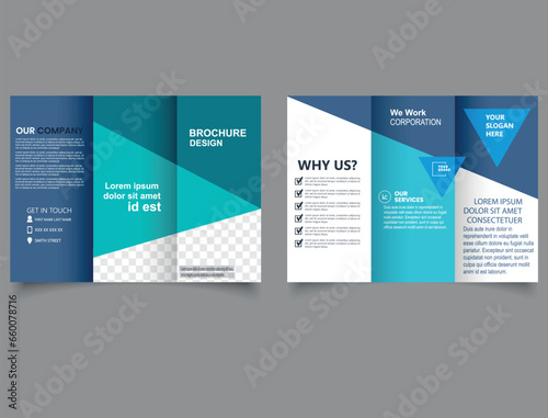 Blue triangle business trifold Leaflet Brochure Flyer report template vector minimal flat design