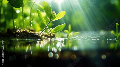 half underwater, macro photography, stream of fresh water, young green plant, outdoor springtime. beautiful Generative AI AIG32