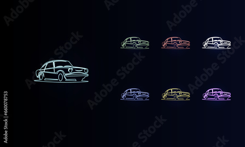 A set of neon vintage car symbols. Set of different color symbols, faint neon glow. Vector illustration on black background