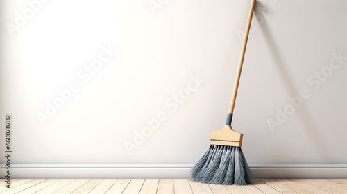 A clean and organized home setup with a broom neatly leaning against the wall, ready for use. photo
