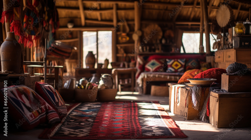 The interior of a traditional ethnic folk-inspired home, showcasing intricate decor and handmade textiles, Ethnic Folk, blurred background
