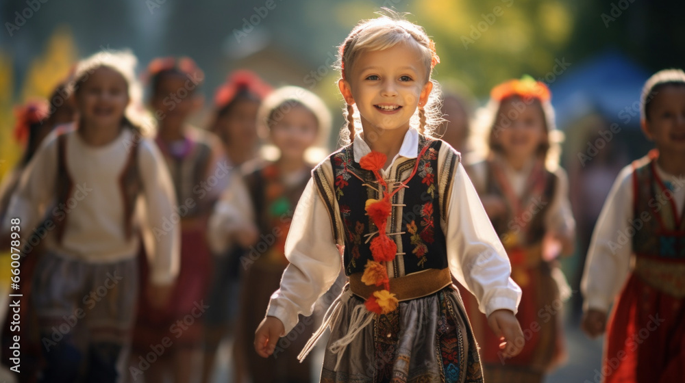 A group of children dressed in ethnic folk costumes playing traditional games at a local fair, Ethnic Folk, blurred background