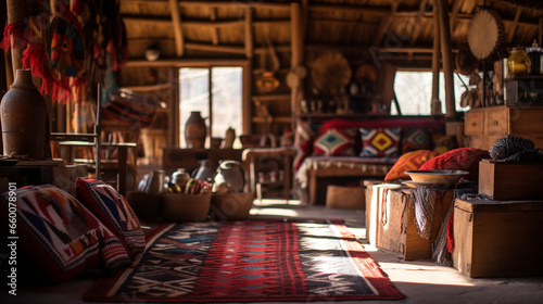 The interior of a traditional ethnic folk-inspired home  showcasing intricate decor and handmade textiles  Ethnic Folk  blurred background