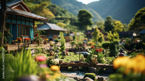 A scenic countryside landscape with vibrant ethnic folk gardens filled with flowers and herbs, Ethnic Folk, blurred background