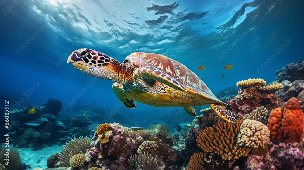 Naklejka premium Sea turtle gracefully swimming through a coral reef, bubbles trailing, underwater clarity