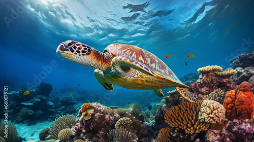 Sea turtle gracefully swimming through a coral reef, bubbles trailing, underwater clarity © Marco Attano