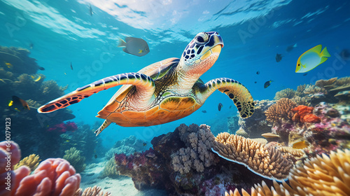 Sea turtle gracefully swimming through a coral reef, bubbles trailing, underwater clarity