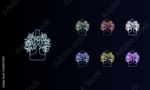 A set of neon mystical tree in bottle symbols. Set of different color symbols, faint neon glow. Vector illustration on black background