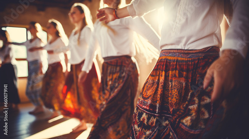 A group of people participating in an ethnic folk dance workshop, learning traditional steps and movements, Ethnic Folk, blurred background photo