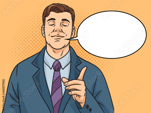 Confident and satisfied man businessman meme with text bubble pinup pop art retro vector illustration. Comic book style imitation.